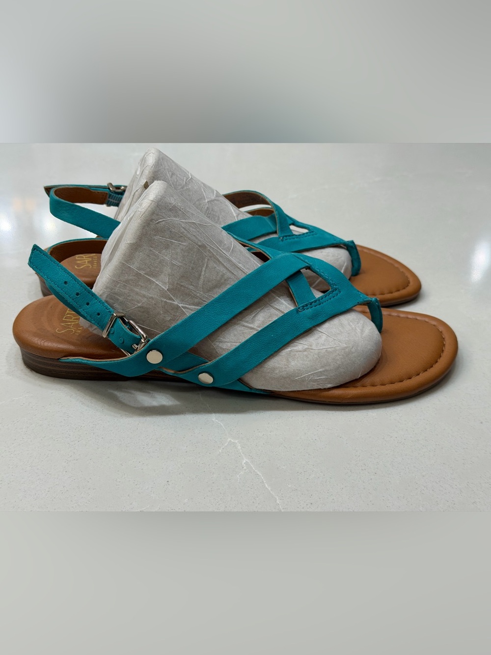 Sarto by Franco Sarto Gretchen Teal Suede Strappy Flat Sandals Size 8